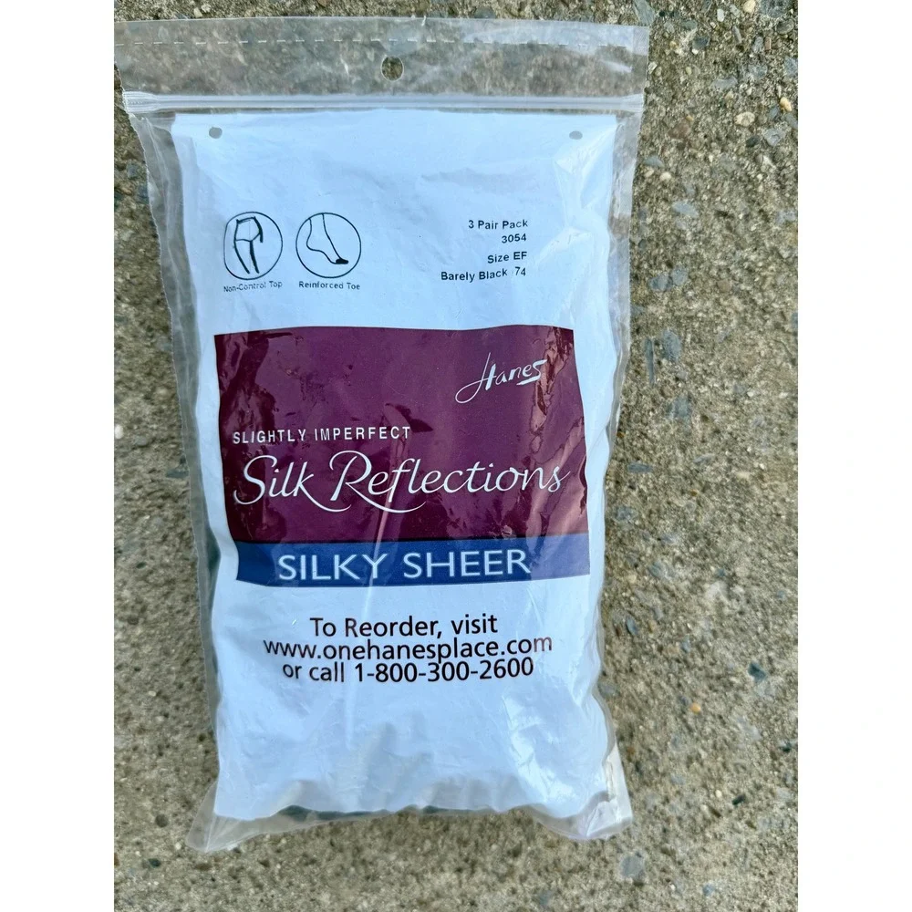 Hanes Silk Reflections Silky Sheer Pantyhose 3 Pair Barely Black Size EF 3054